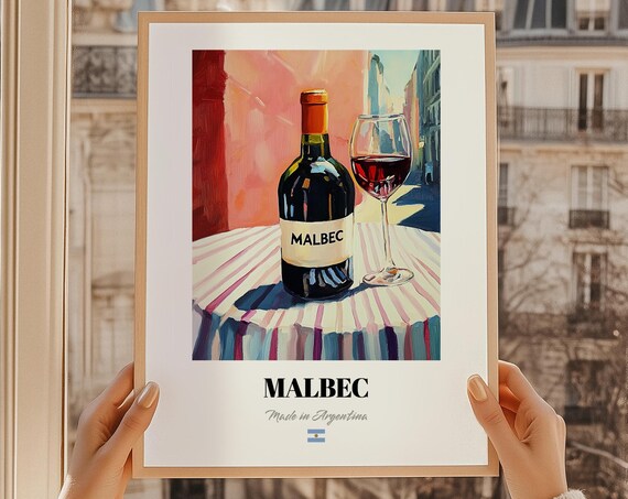 Malbec Red Wine Bottle Glass Painting Argentina Kitchen Poster