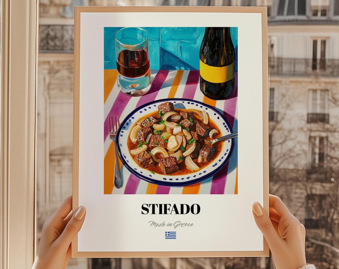 Stifado Greek Beef Stew Painting Poster Mediterranean Kitchen Wall Decor