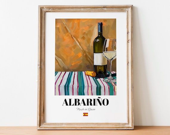 Spanish Albario Art Print Poster Coastal White Wine Artwork For Bars And Cafs