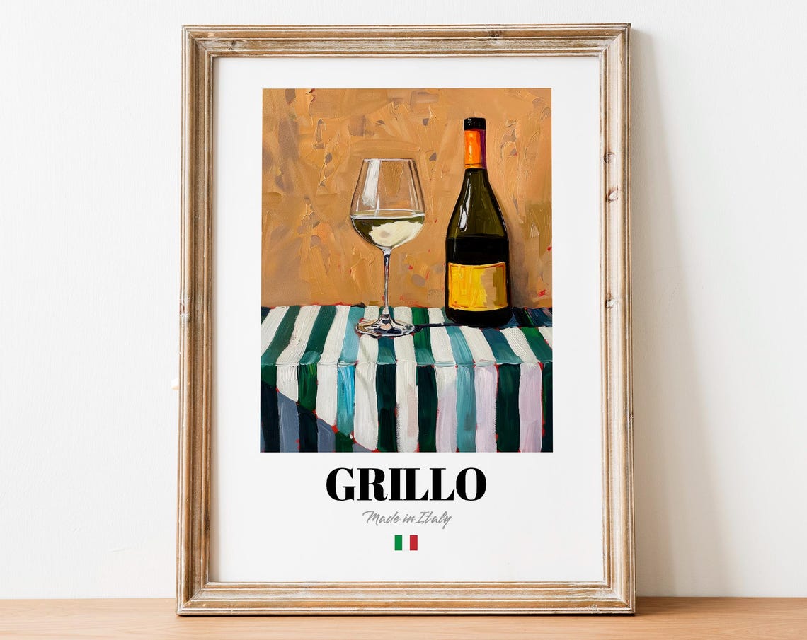 Grillo Made in Italy White Wine Bottle Glass Still Life Poster
