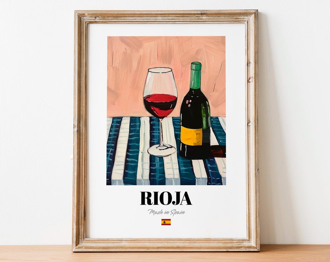 Rioja Vintage Spanish Wine Bottle and Glass Peach Kitchen Wall Art