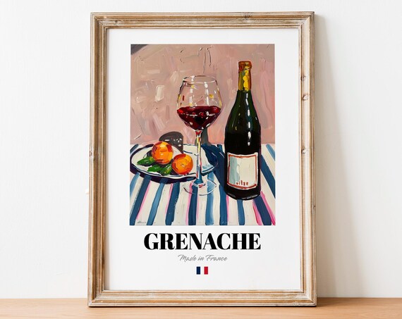 French Grenache Art Print Poster Fruity Red Wine Artwork For Bars And Bistros