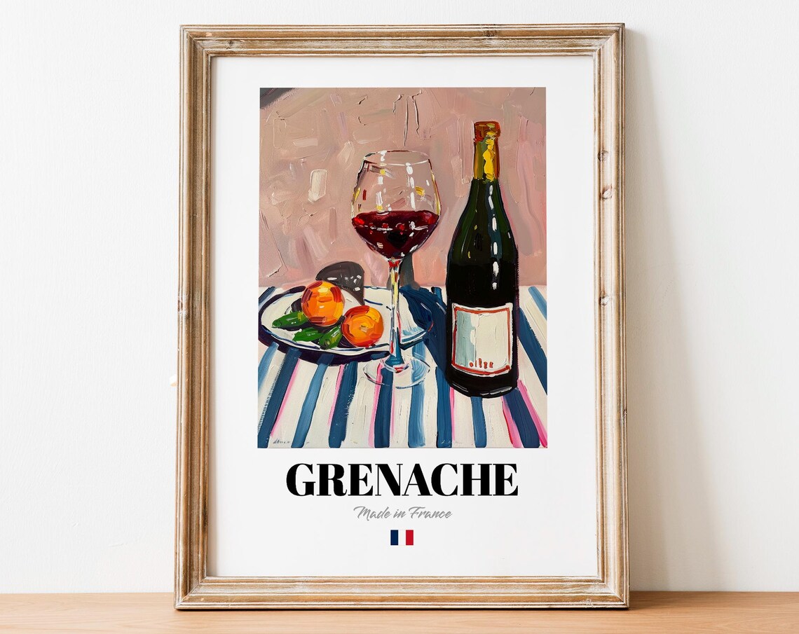 French Grenache Art Print Poster Fruity Red Wine Artwork For Bars And Bistros