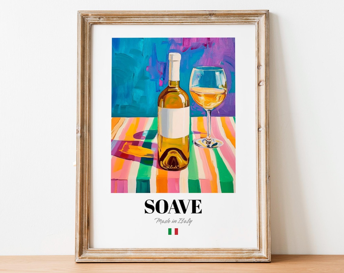 Soave Italian White Wine Poster Bottle and Glass Colorful Kitchen Art
