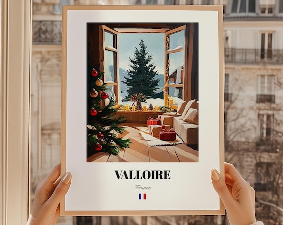 Valloire France Cozy Christmas Window Chalet Vintage Ski Poster