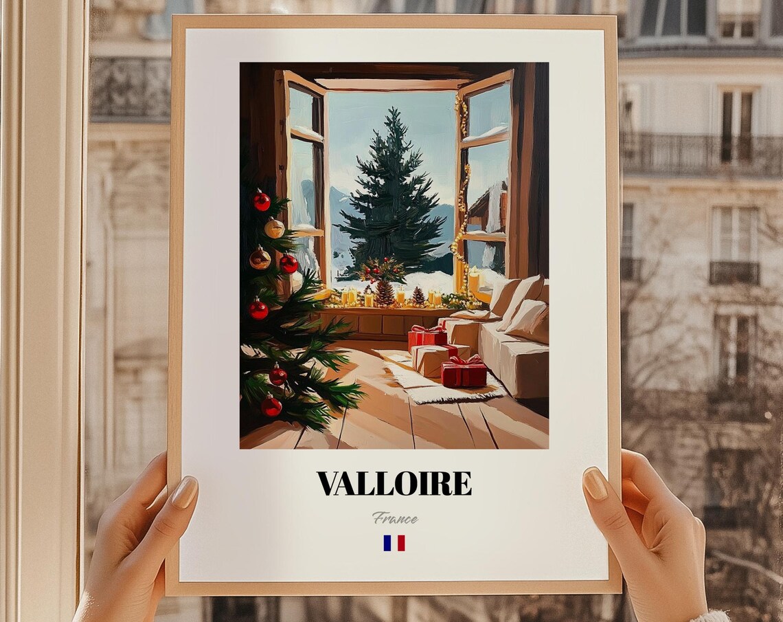 Valloire France Cozy Christmas Window Chalet Vintage Ski Poster