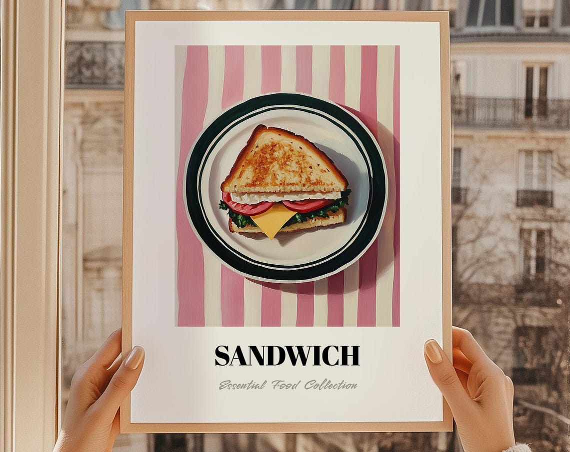 Toasted Sandwich Triangle Pink Striped Lunch Kitchen Art Poster