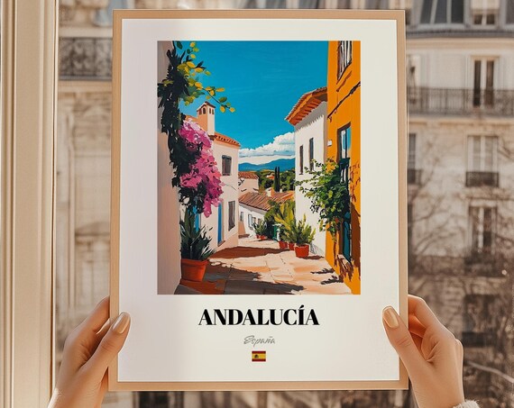 Andalucia Spain White Village Bougainvillea Street Oil Painting Poster