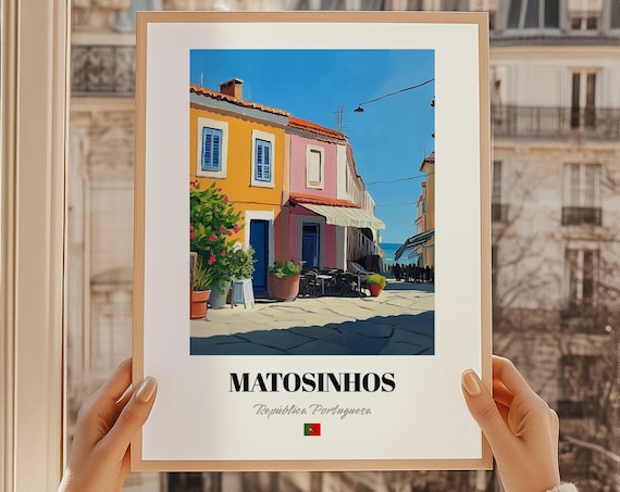 Matosinhos Portugal Sunlit Street Oil Painting Style Travel Poster