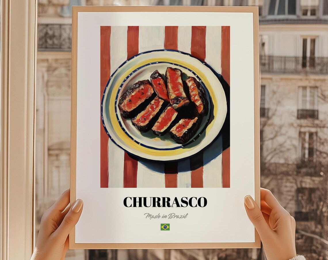 Churrasco Brazilian Grilled Steak Slices Painted Food Illustration Kitchen Poster
