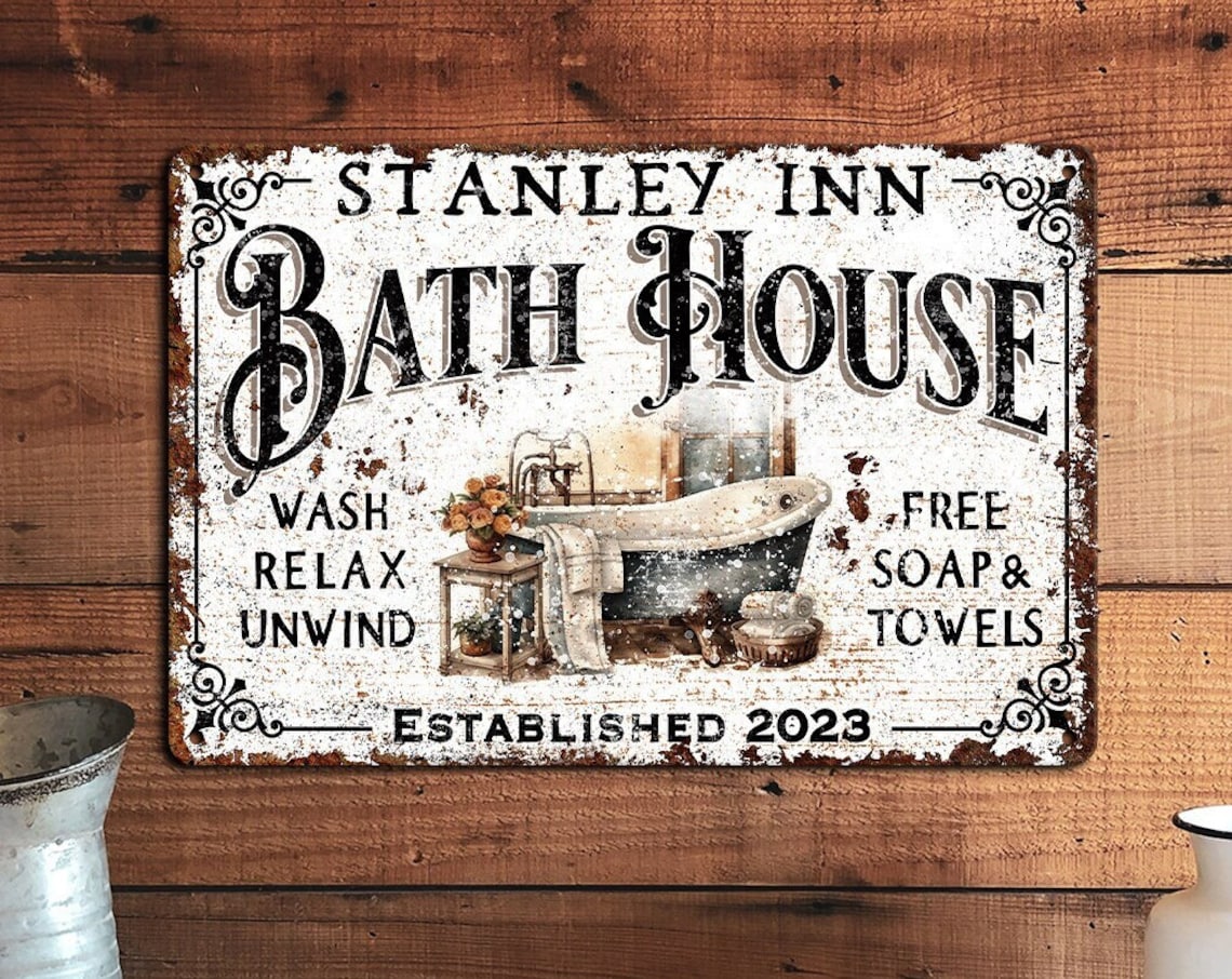 Custom Bath House Metal Bathroom Sign, Rustic Decor