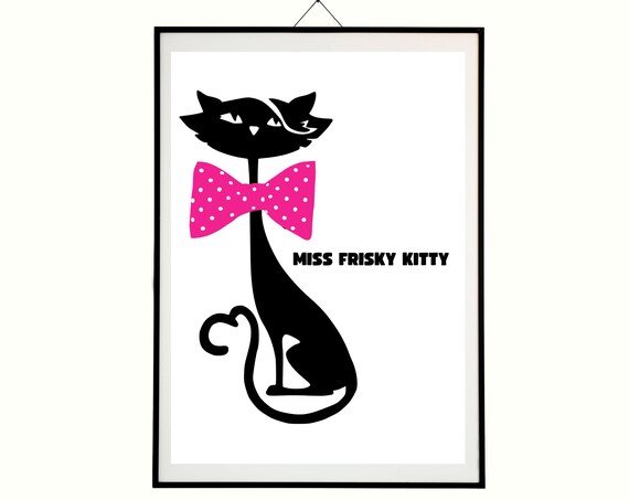 Miss Frisky Kitty Black Cat Pink Polka Dot Bow Tie Art Poster