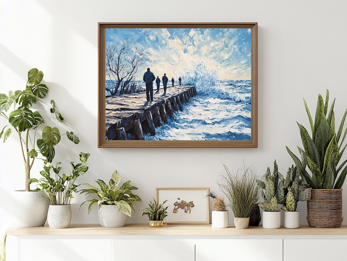Walkers on an Icy Pier Watching Crashing Winter Waves Poster - Image 2