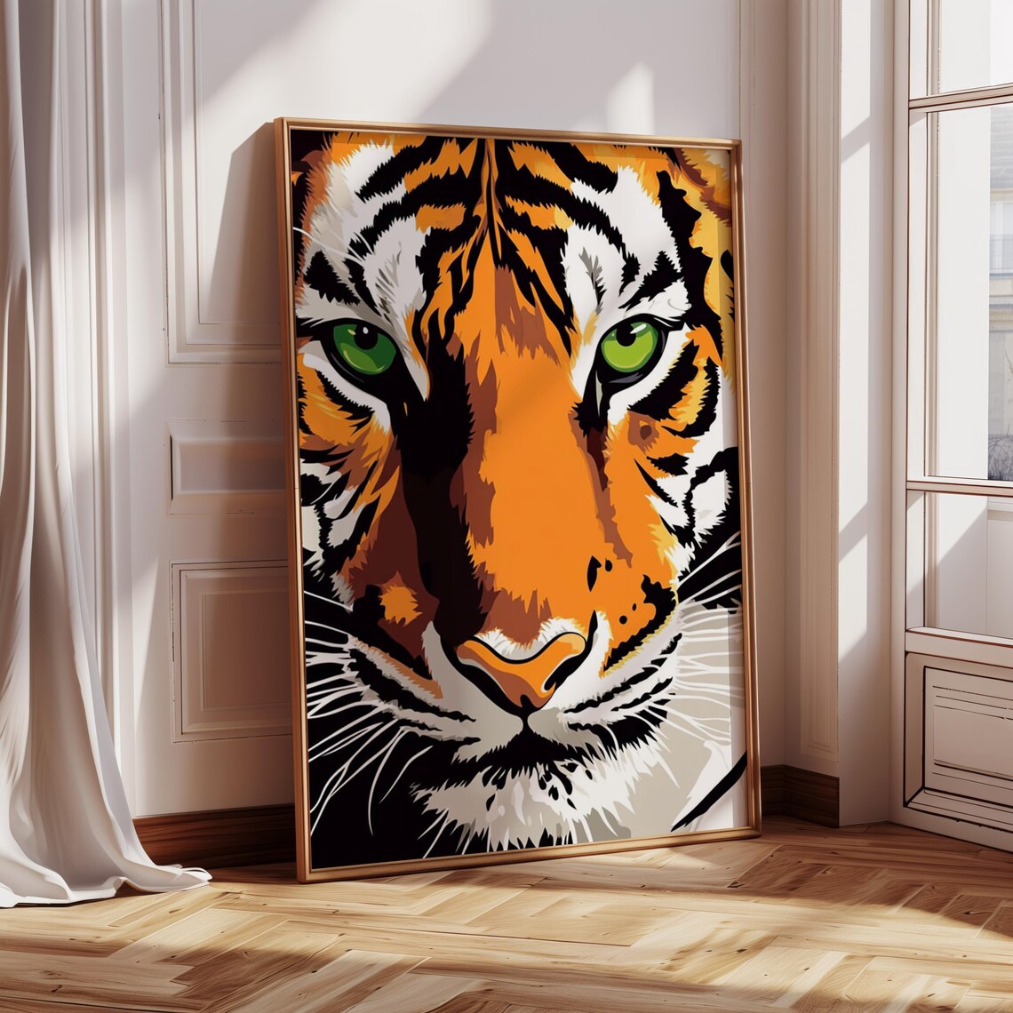 Tiger Face Close Up Bold Graphic Orange Green Eyes Art Poster - Image 3