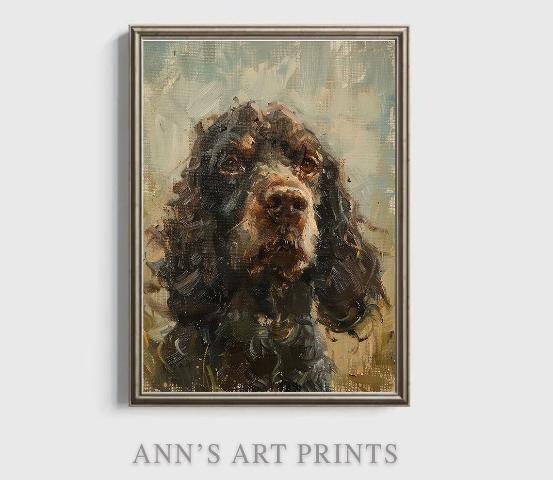 Dark Springer Spaniel Head Muted Sage Green Oil Painting Art Print