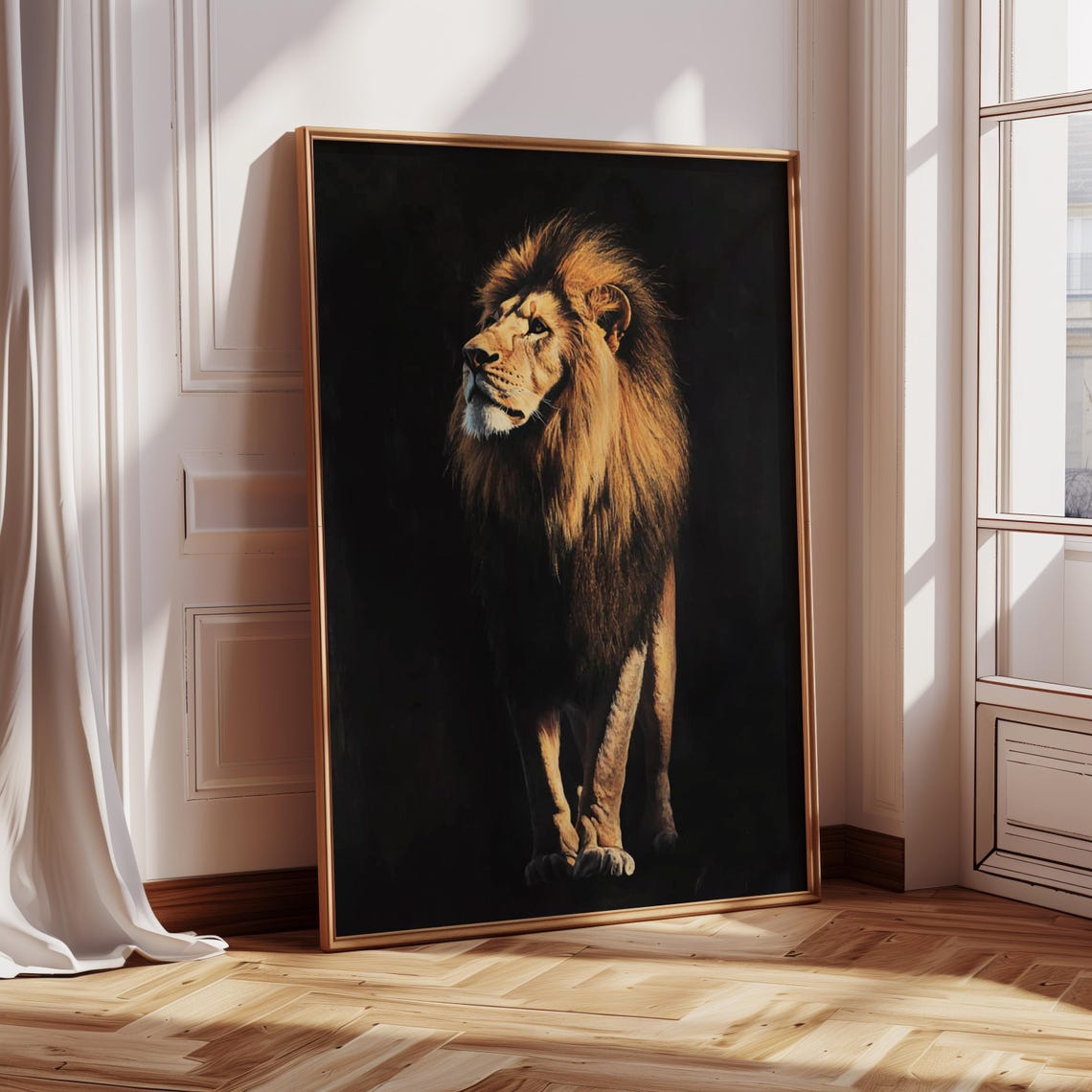 A Male Lion Standing Tall Against a Dramatic Black Backdrop Poster - Image 2