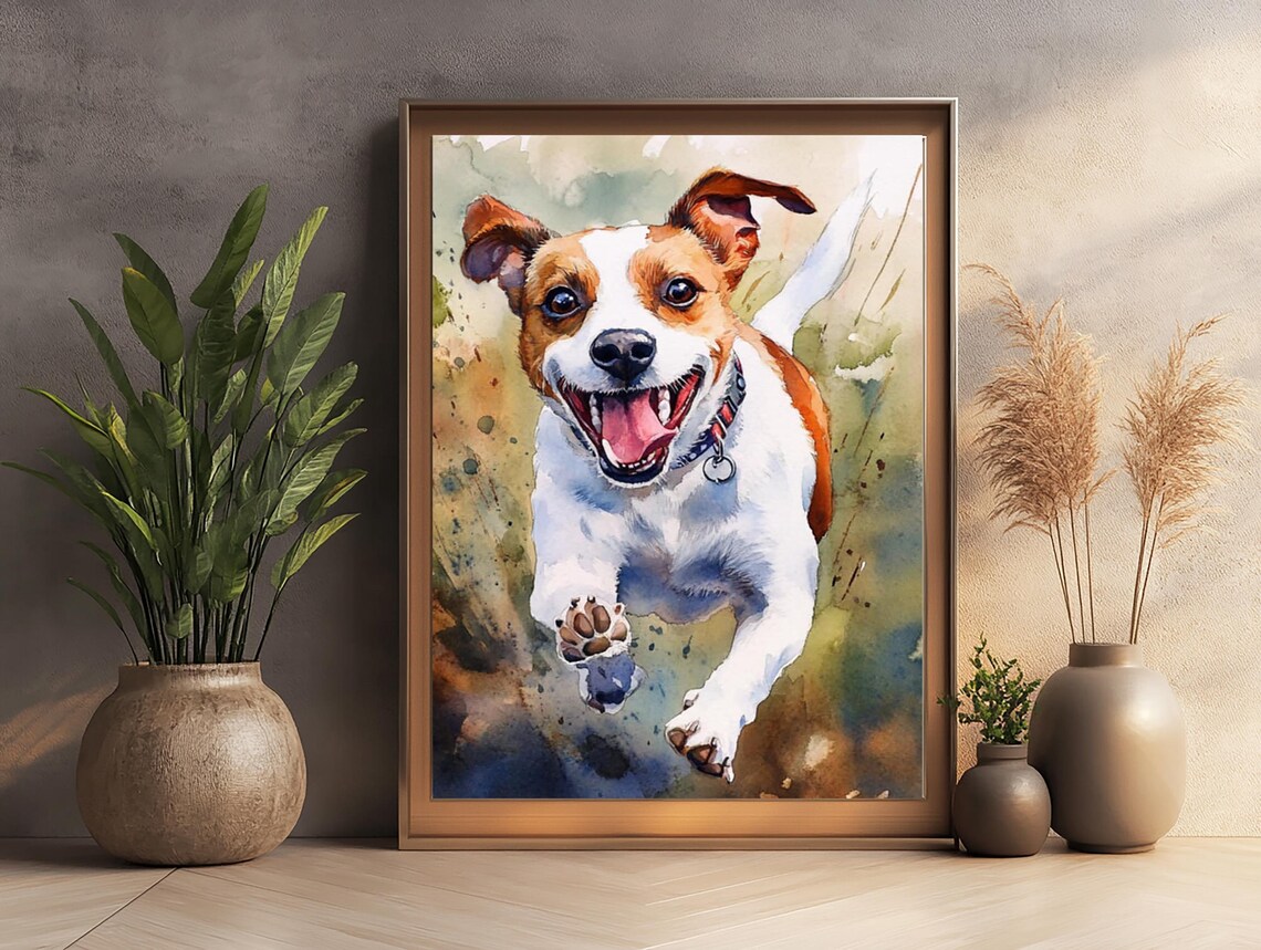 Happy Jack Russell Terrier Jumping Watercolor Pet Dog Poster