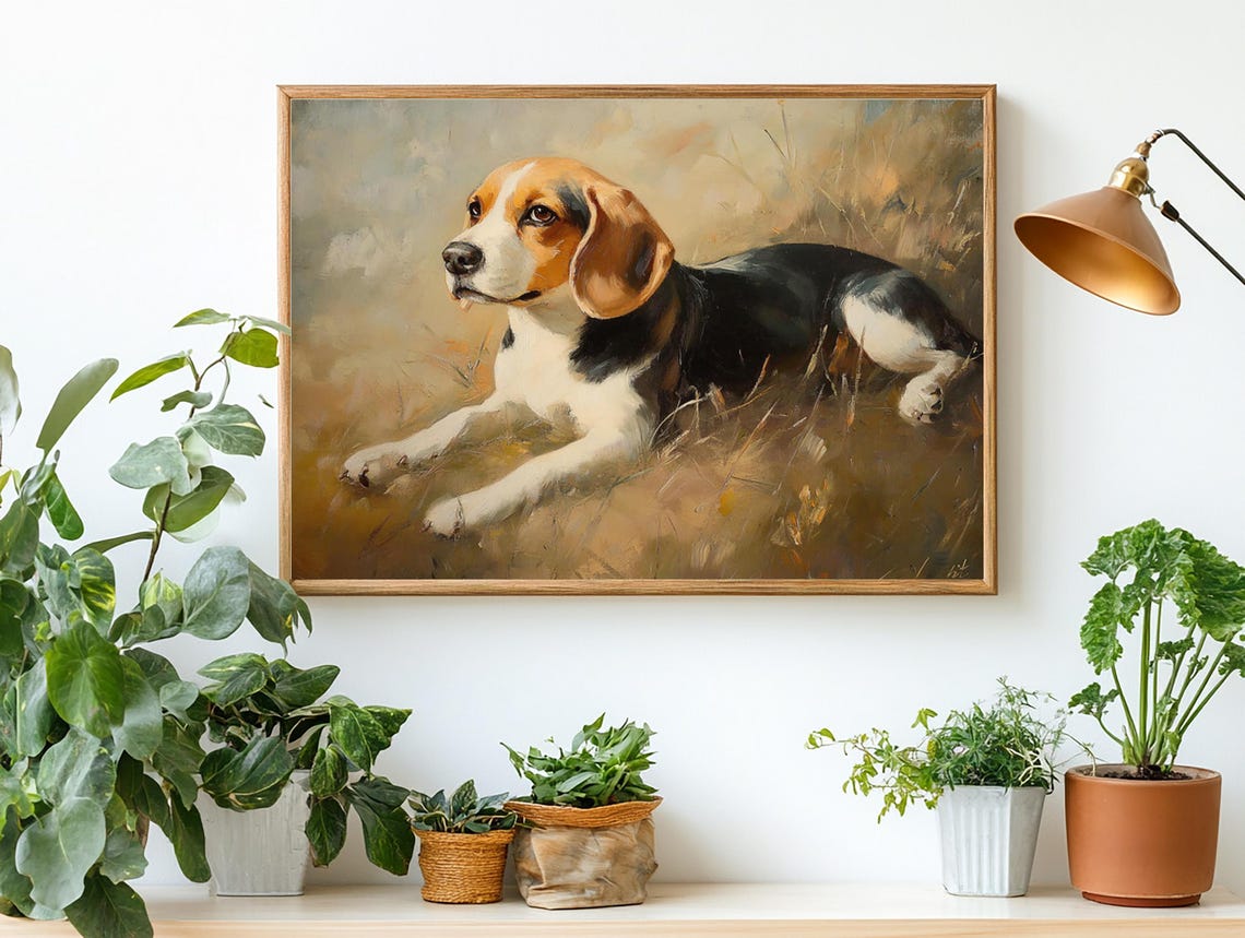 Beagle Resting In Dry Golden Grass Field Oil Painting Poster - Image 2