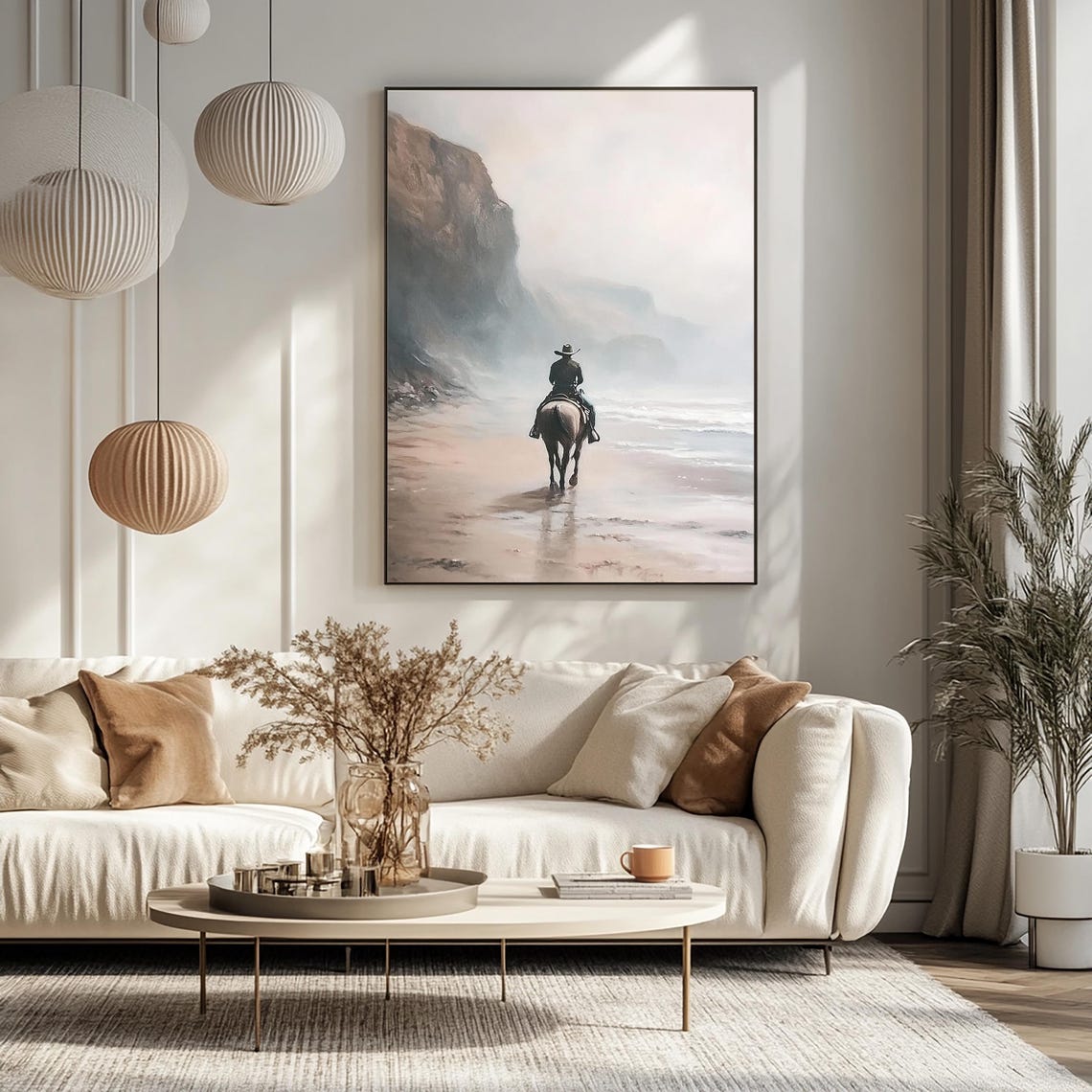Solitary Cowboy Riding Horse Along A Misty Beach Beneath Cliffs Poster - Image 2