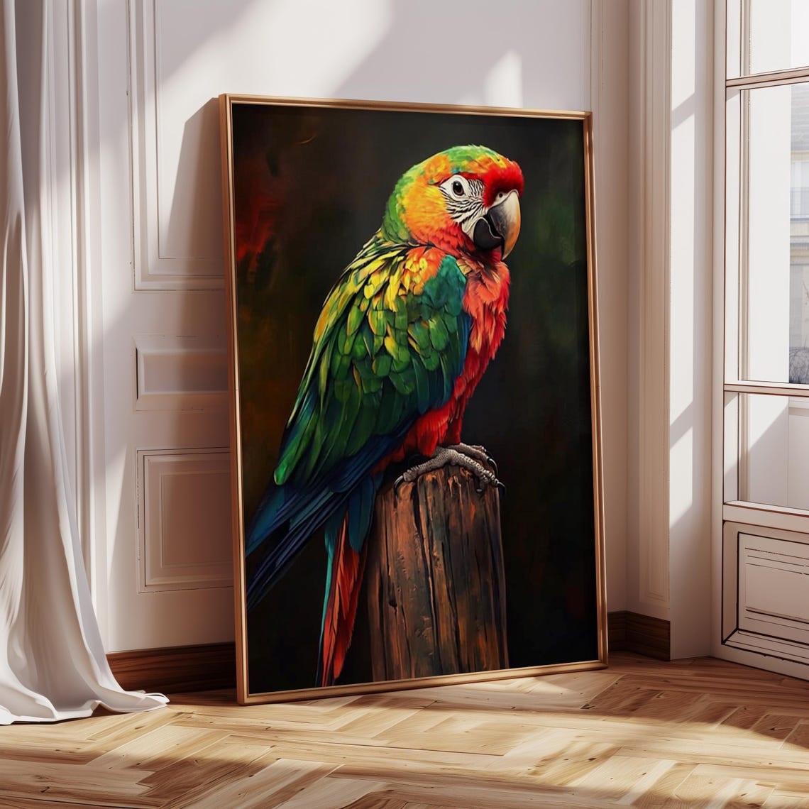 Colorful Macaw Parrot On Wooden Post Dark Background Art Poster