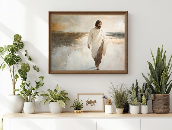 Jesus Walking On Water Muted Seascape Christian Art Painting Poster