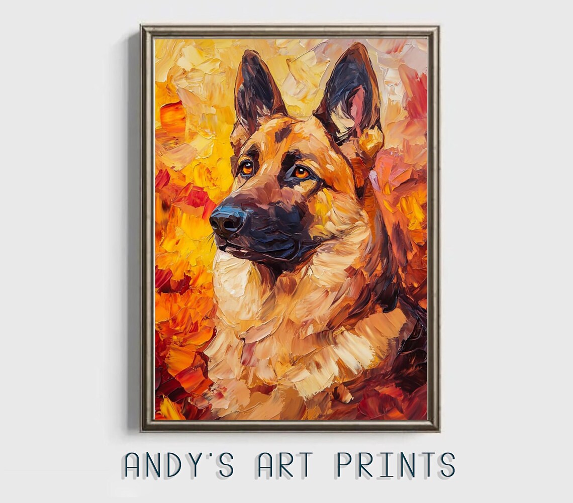 German Shepherd Portrait Warm Autumn Orange Oil Painting Poster - Image 3