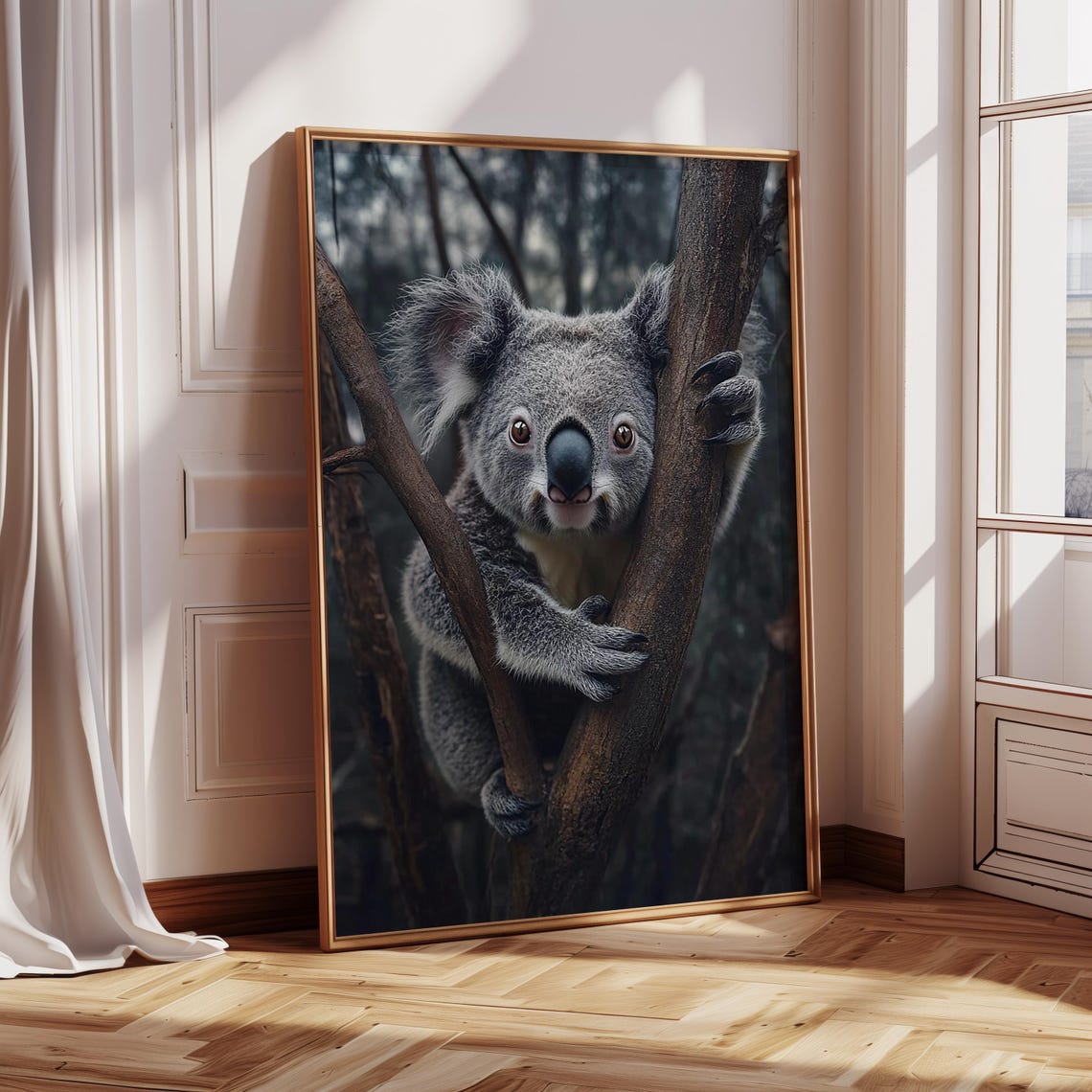Cute Koala Clinging To A Tree Trunk With Big Curious Eyes Poster - Image 3