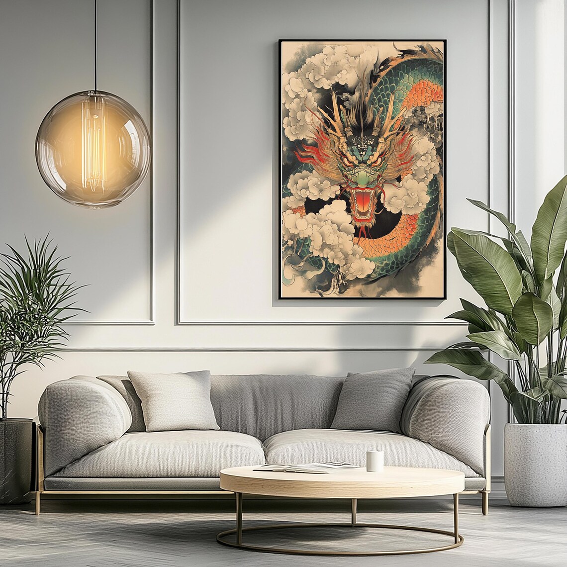 Green Japanese Dragon Roaring Out of Swirling Clouds Art Poster - Image 3