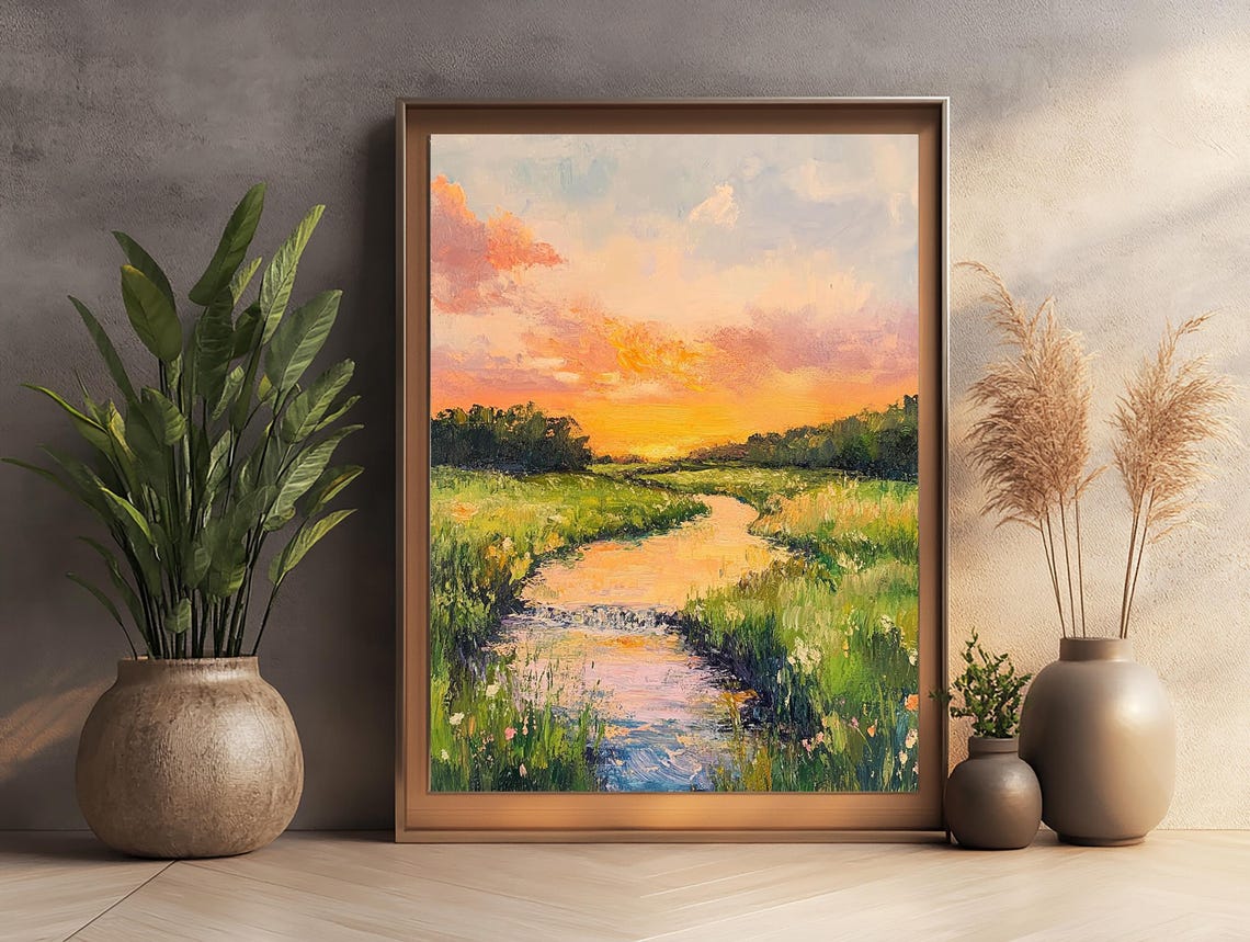 Summer River Landscape Wall Art Painting Nature Poster Oil Painting Landscape Drawing Home Decor Sunset - Image 3