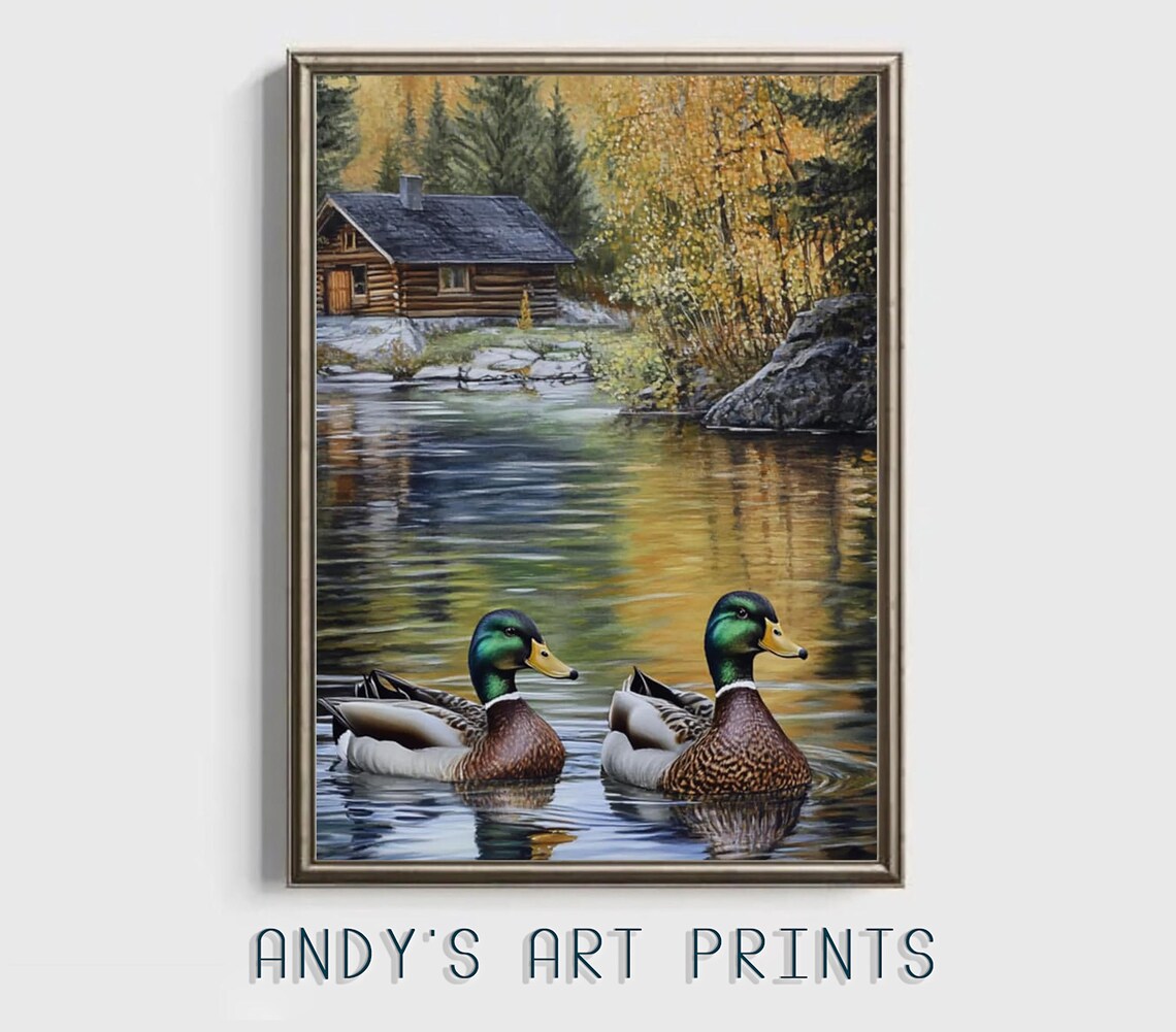 Two Mallard Ducks Swimming by a Log Cabin on an Autumn Lake Poster - Image 3
