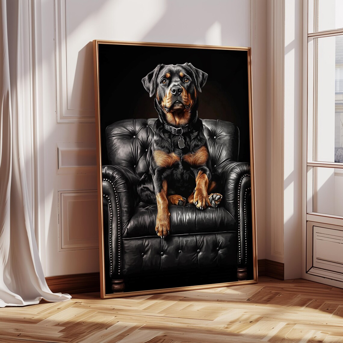 Rottweiler Sitting On Black Leather Chesterfield Chair Poster