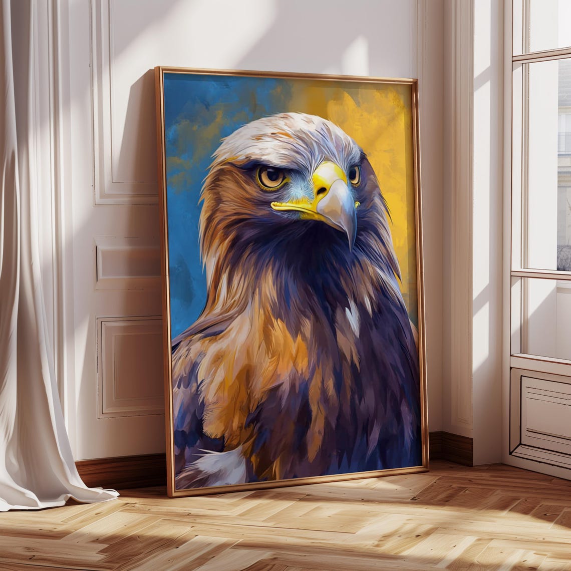 Regal Eagle Portrait Close Up Against Blue and Gold Painted Poster