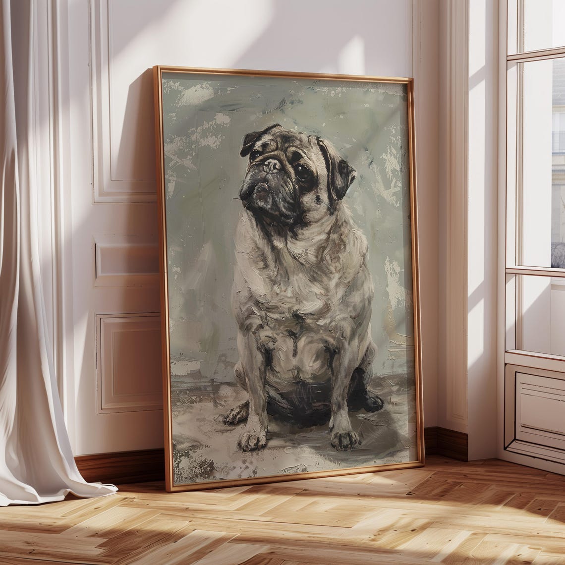 Dignified Seated Pug Portrait Painted In Soft Muted Oil Tones Poster - Image 3