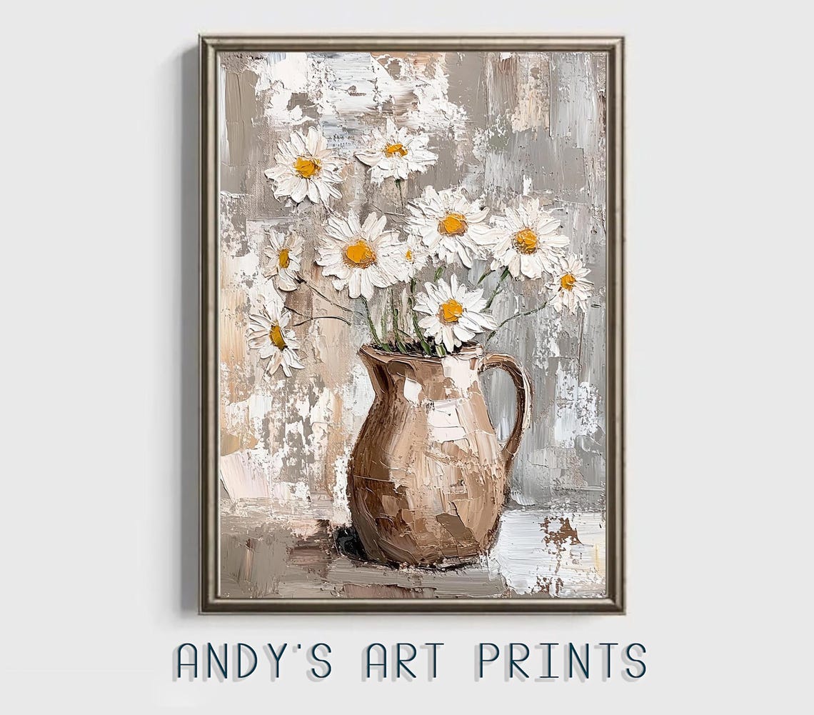 White Daisies in Ceramic Jug Textured Impasto Floral Wall Art - Image 2