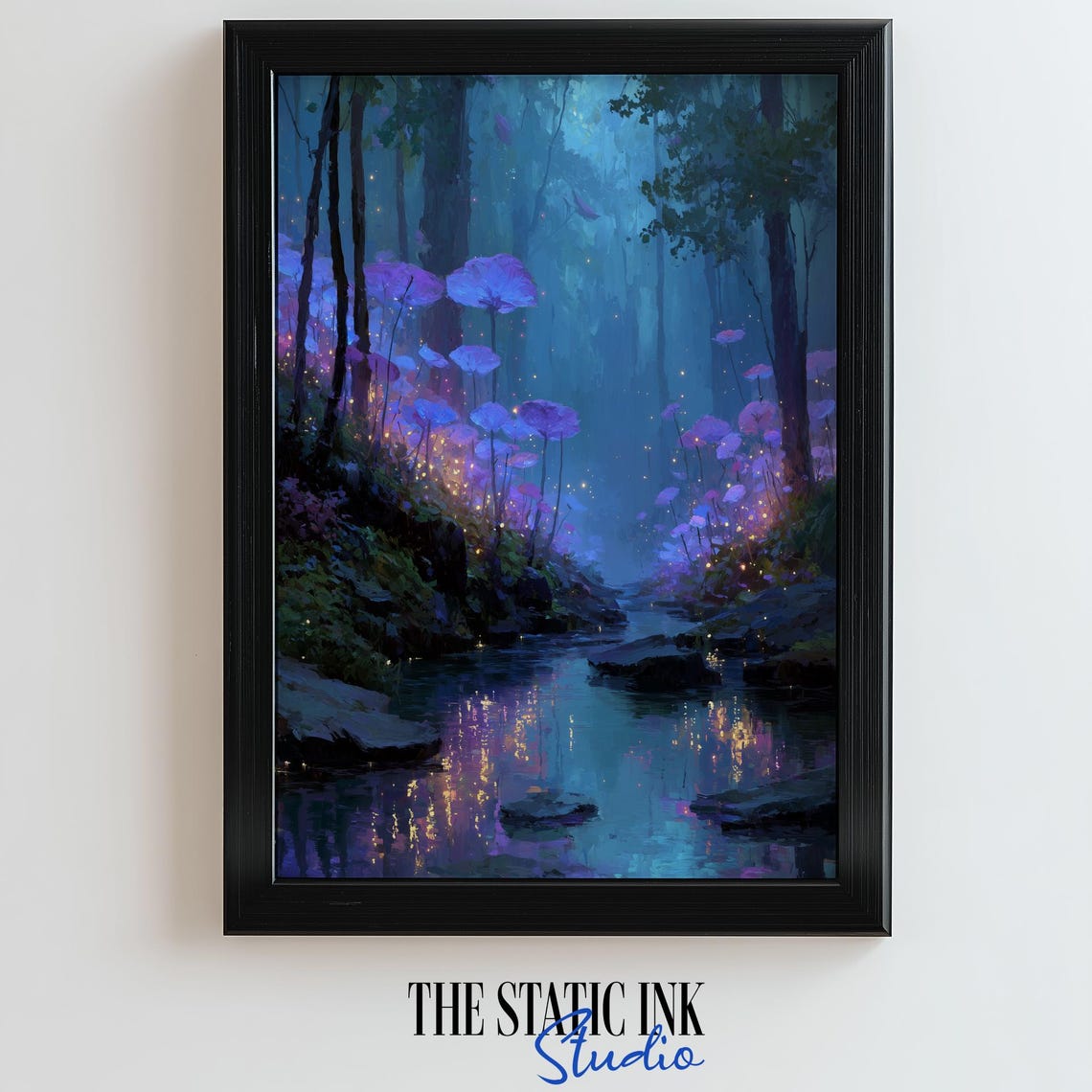 Enchanted Purple Mushroom Forest With Glowing Night Stream Poster