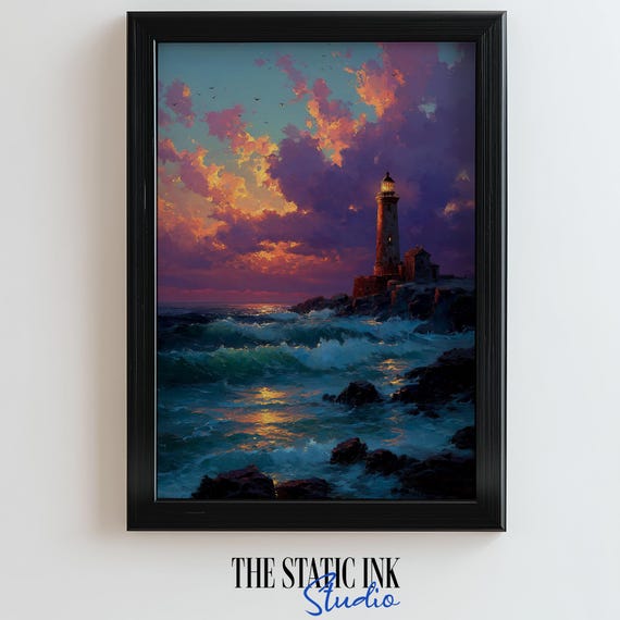 Lighthouse Wall Art Sunset Ocean Seascape Coastal Print Nautical Home Decor Instant Sea Landscape