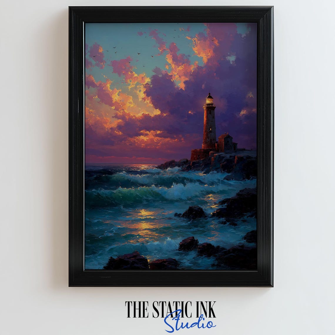 Lighthouse At Sunset Over Crashing Ocean Waves Rocky Coast Poster