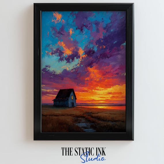 Vibrant Sunset Cabin Wall Art Solitary House Landscape Painting With Colorful Sky And Reflected Light Nature Scene