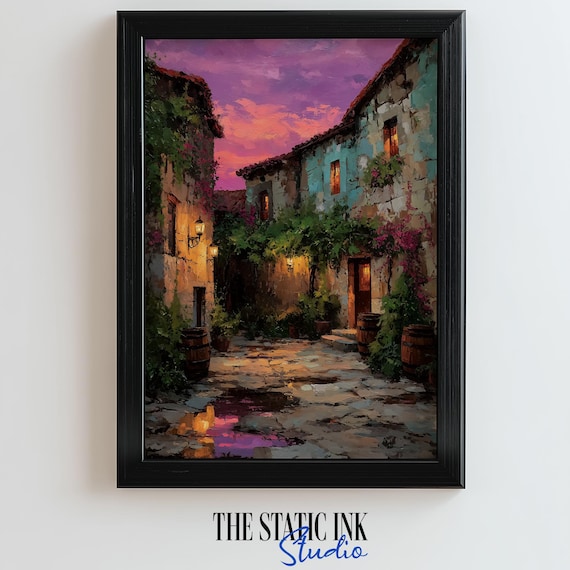 Italian Courtyard At Dusk With Lanterns And Wine Barrels Poster