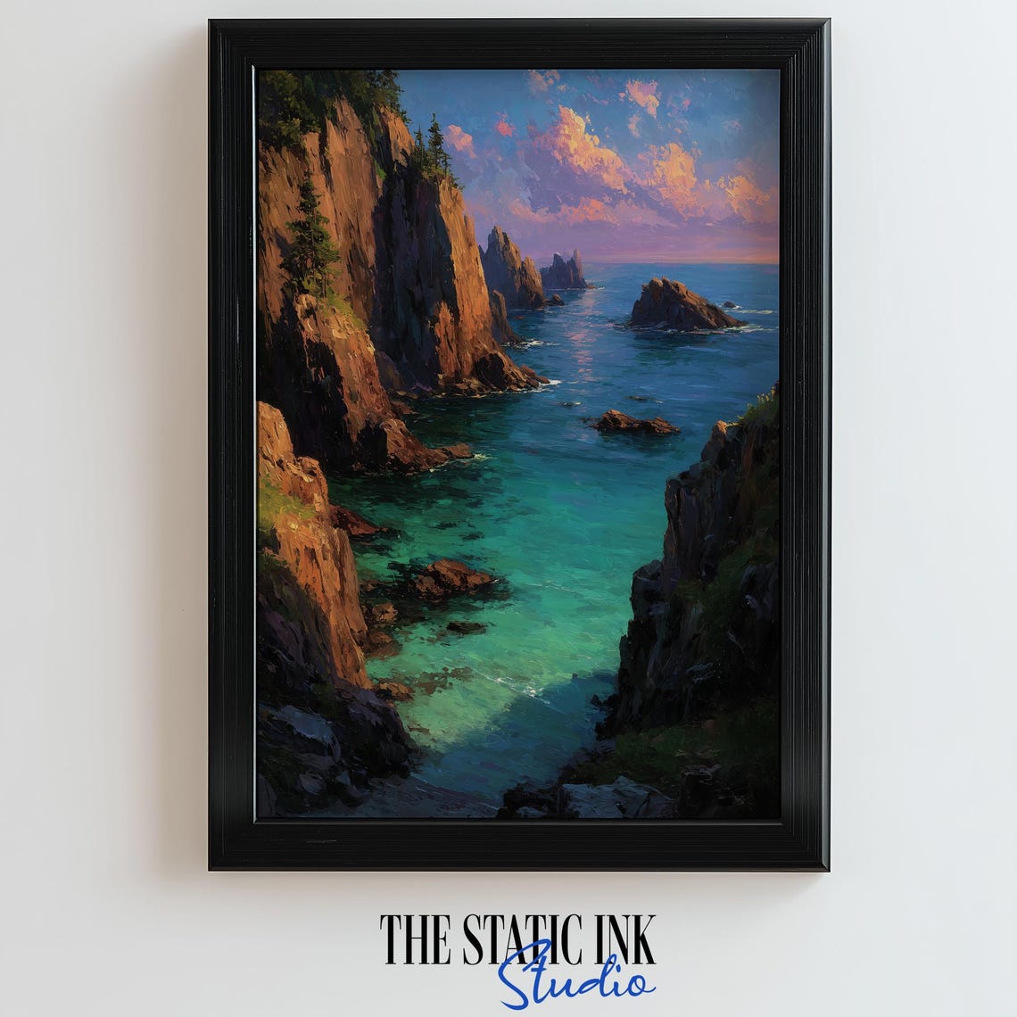 Rocky Cliff Ocean Sunset Turquoise Sea Coastal Landscape Poster