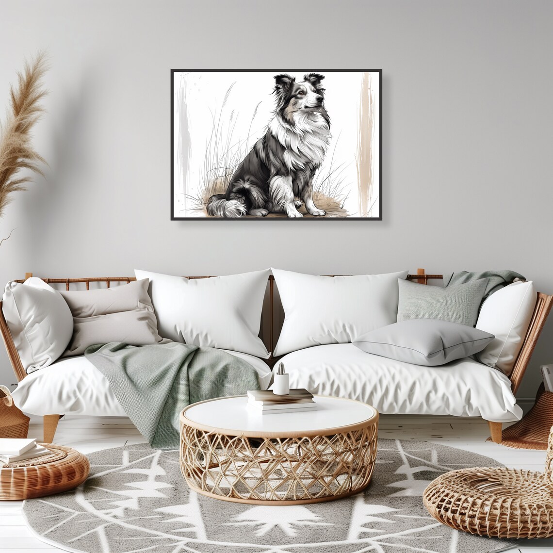 Shetland Sheepdog Sketch Grassy Field Dog Portrait Art Print - Image 2
