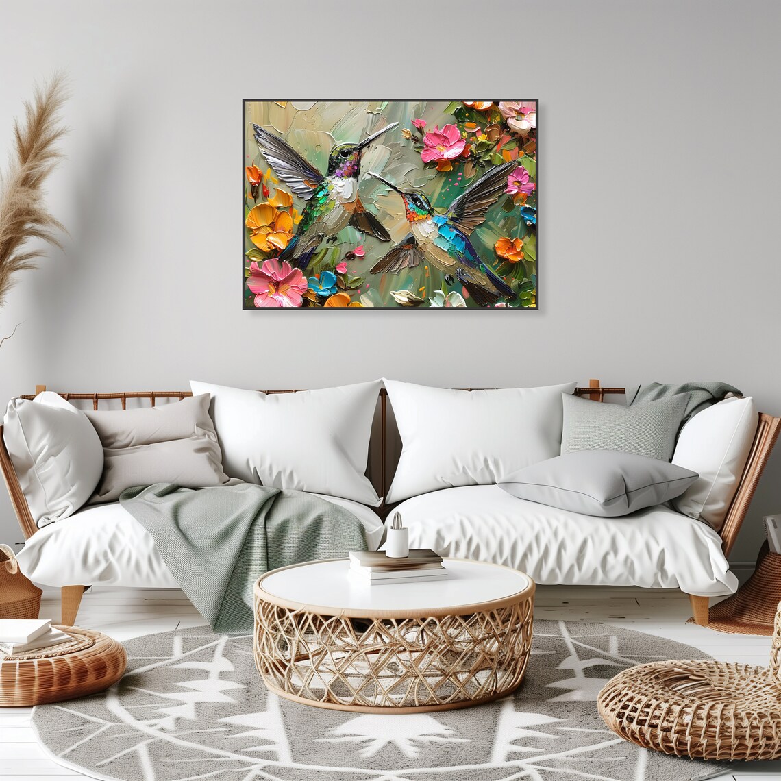 Two Hummingbirds Colorful Flowers Impasto Wildlife Art Poster - Image 2