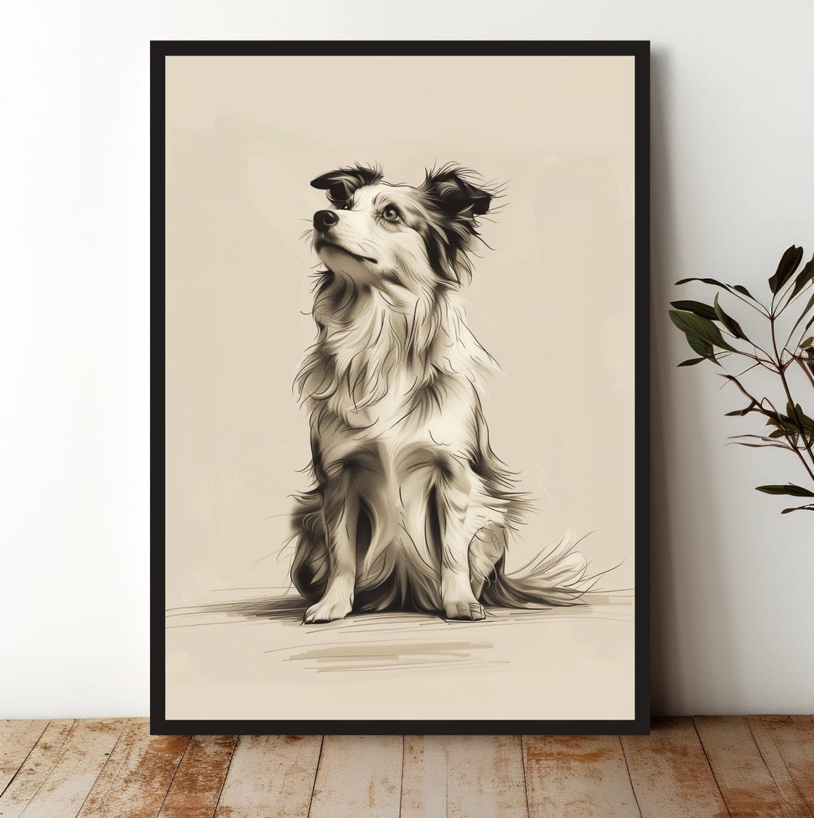 Australian Shepherd Dog Sepia Sketch Loyal Pet Portrait Art Poster