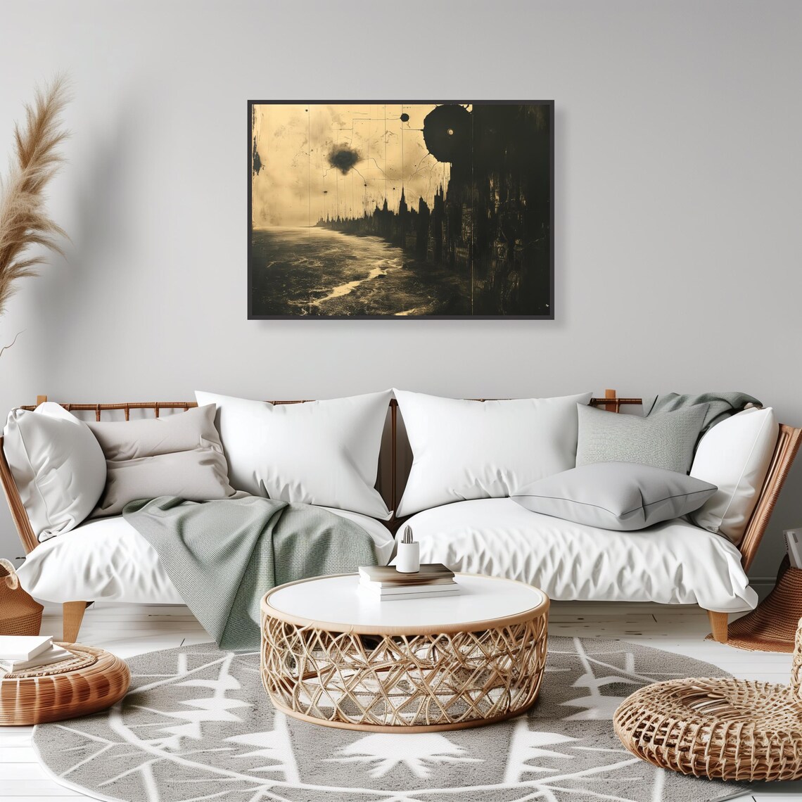 Sepia Gothic Cityscape Dark Orbs Moody Nightscape Art Poster - Image 2