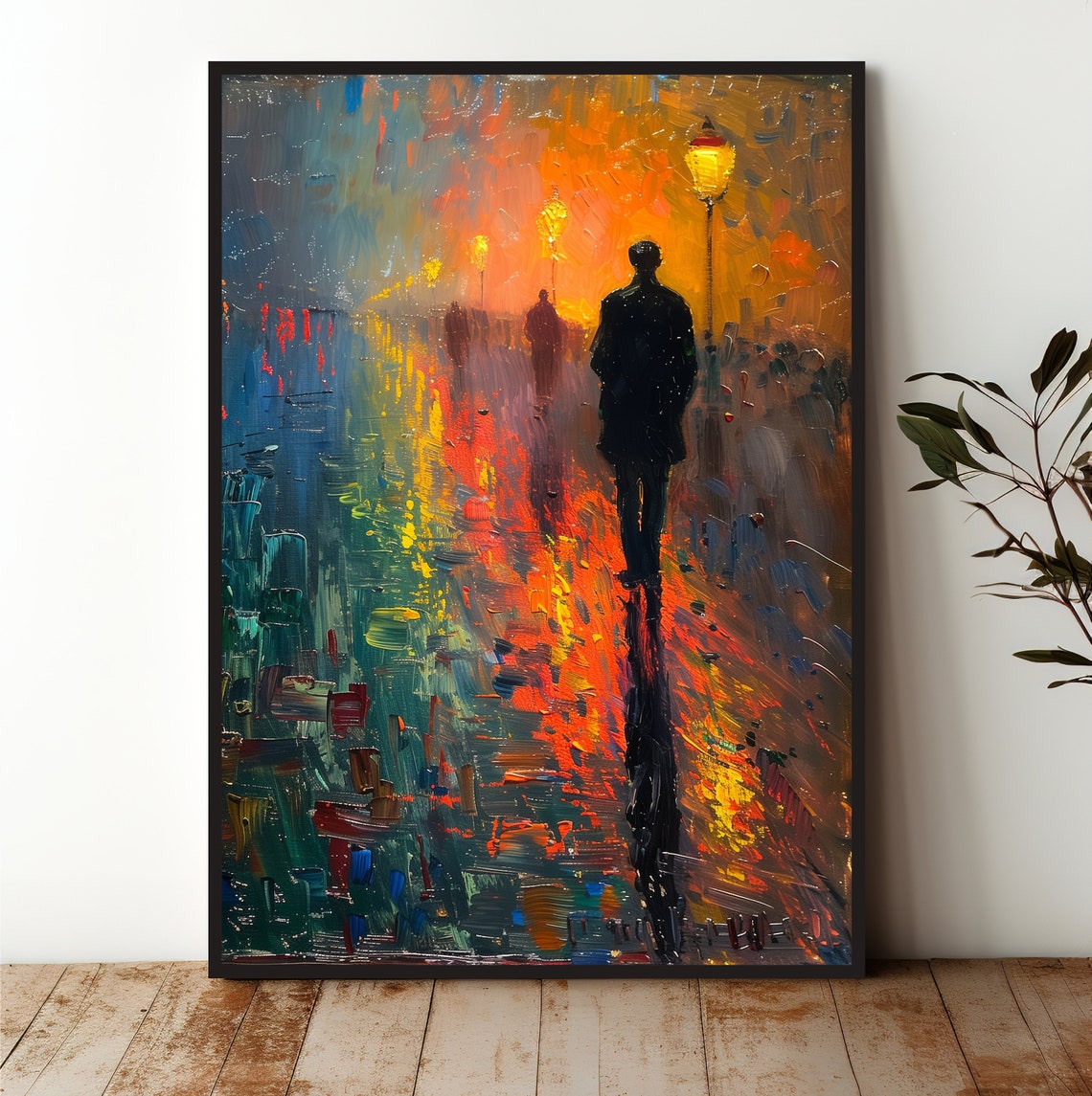 Rainy Evening City Street Impressionist Lamplight Art Poster