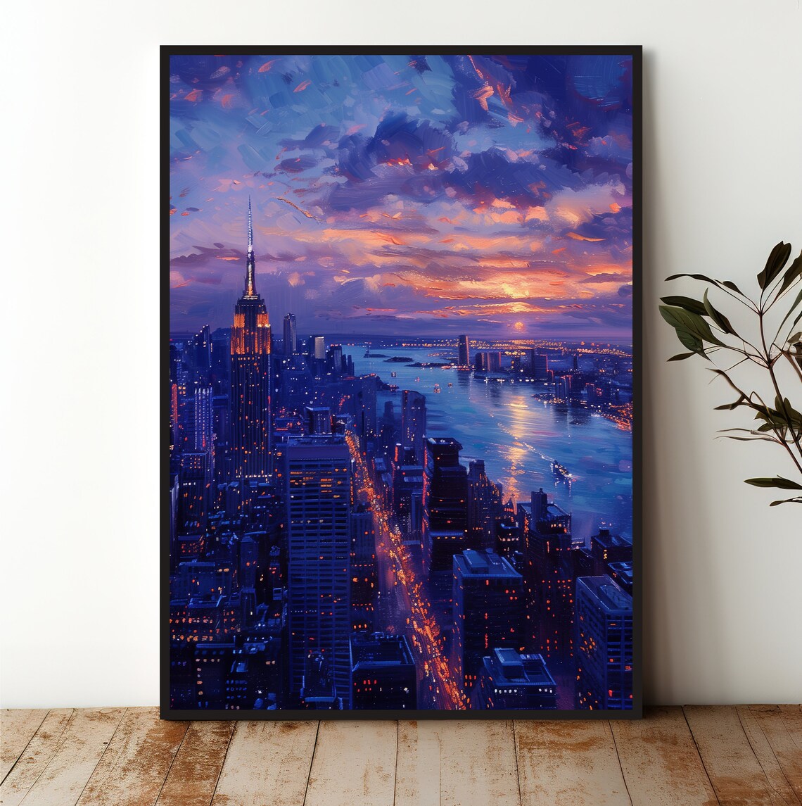 New York City Sunset Skyline Empire State Building Oil Painting Poster