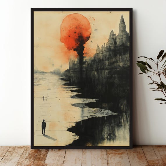Surreal Art Print Of Red Sun Silhouette In Dreamlike Landscape Museum Quality Wall Decor For Modern Home Unframed Artwork