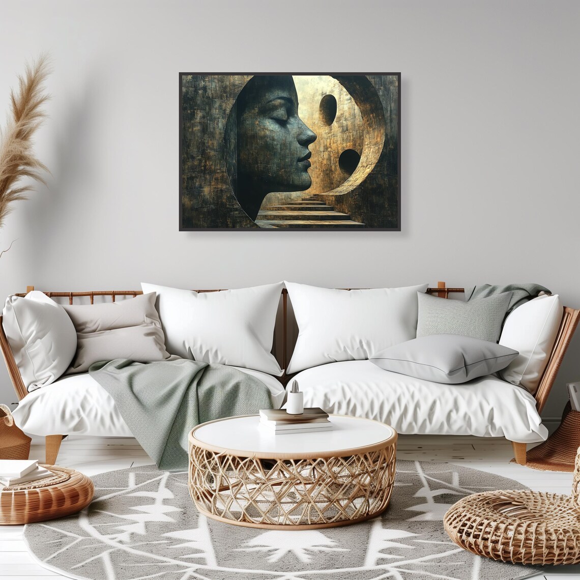 Surreal Woman Profile Mystical Stairway Moon Scene Design Wall Art - Image 2
