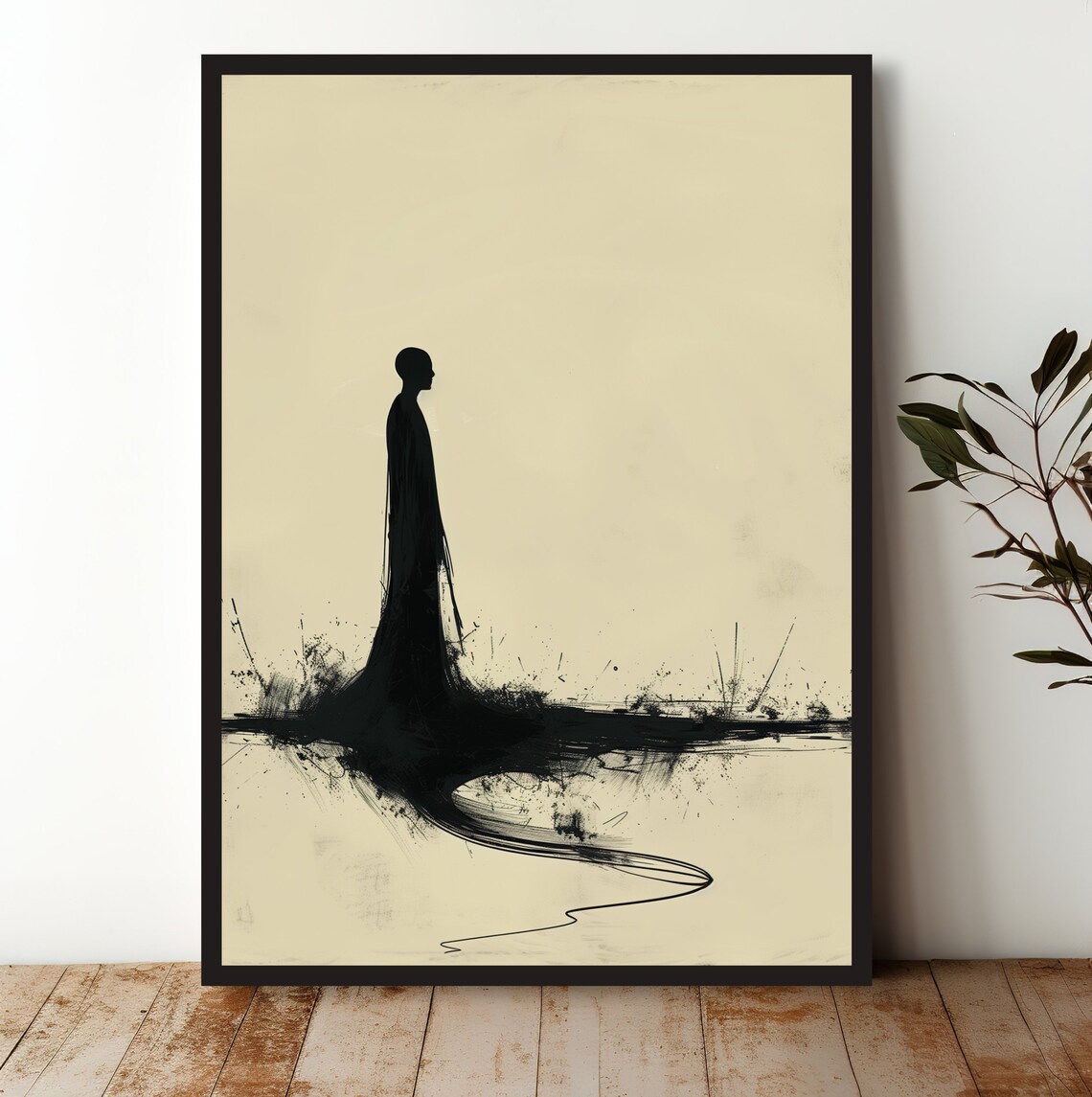 Lone Monk Silhouette Minimalist Ink Zen Meditation Decor Wall Art