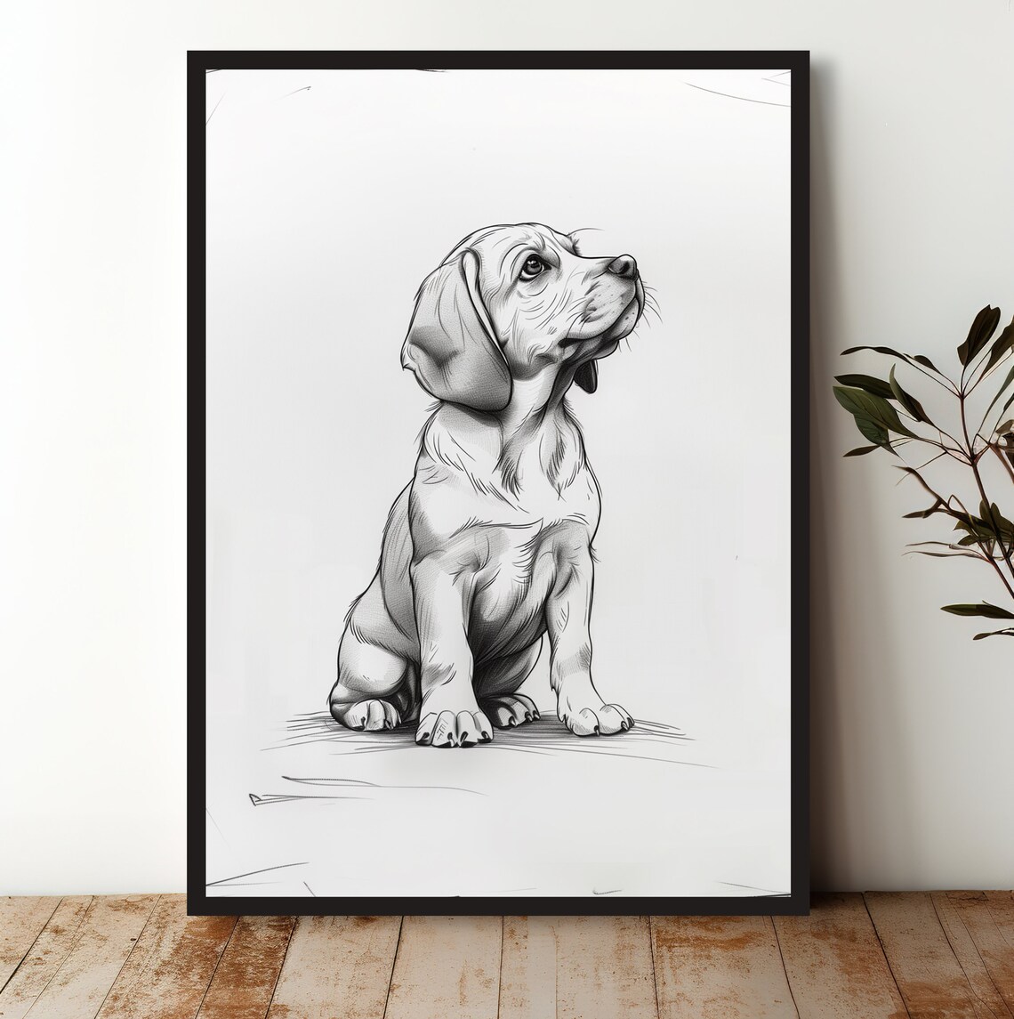 Beagle Puppy Pencil Sketch Sitting Cute Dog Portrait Art Print